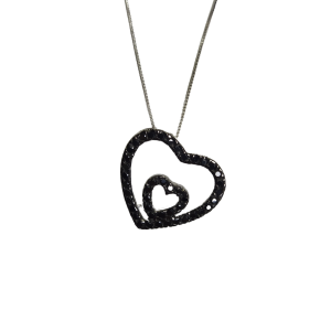 Κολιέ σε σχήμα διπλή καρδιά ασημένιο επιπλατινωμένο 925 με μαύρες πέτρες ζιργκόν
