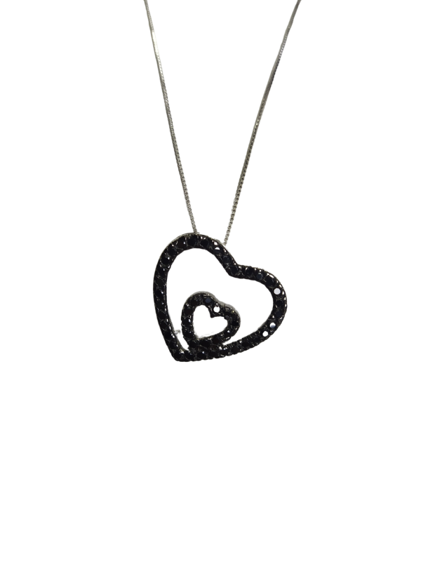 Κολιέ σε σχήμα διπλή καρδιά ασημένιο επιπλατινωμένο 925 με μαύρες πέτρες ζιργκόν